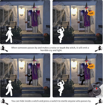 6FT Animated Hanging Witch Halloween Decoration with Glowing Red Eyes, Scary Sound Activation & Adjustable Arms