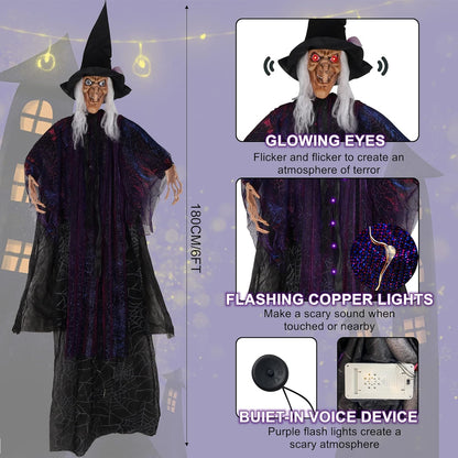 6FT Animated Hanging Witch Halloween Decoration with Glowing Red Eyes, Scary Sound Activation & Adjustable Arms