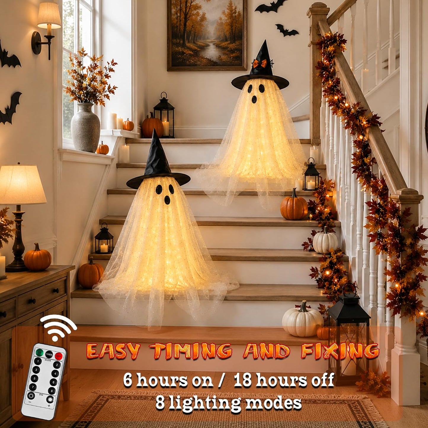 2-Pack 23.6-Inch Lighted Halloween Ghost Decorations with Remote Control