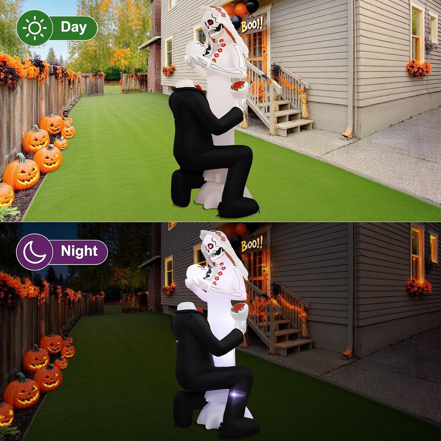 8FT Halloween Skeleton Couple Inflatable with 10 LED Lights – Outdoor Day of the Dead Yard Decoration