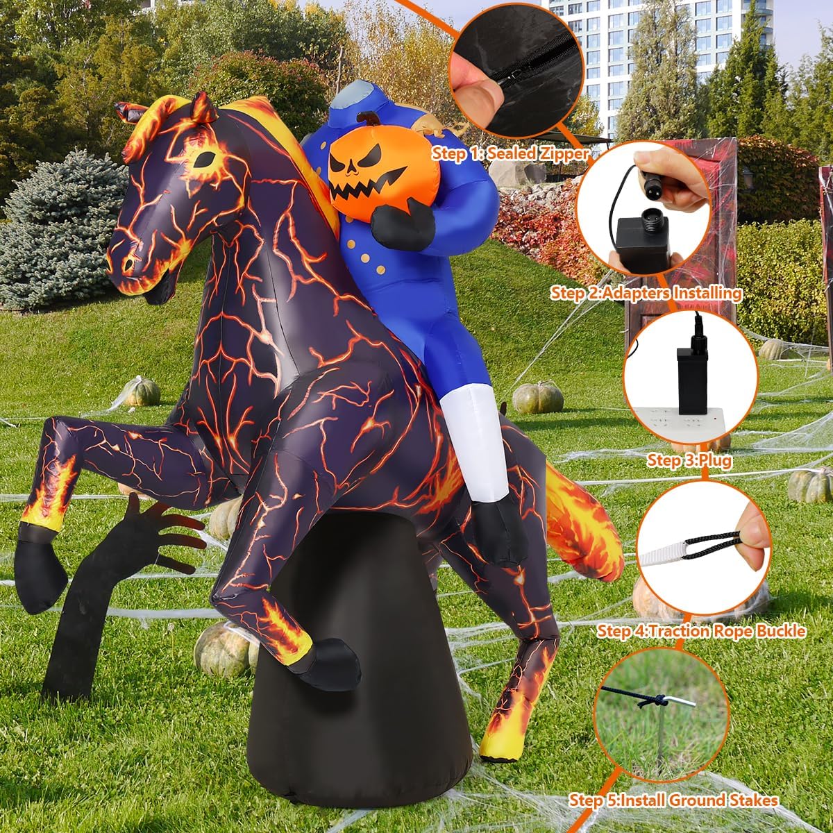 6FT Inflatable Headless Horseman Halloween Yard Decoration with LED Lights