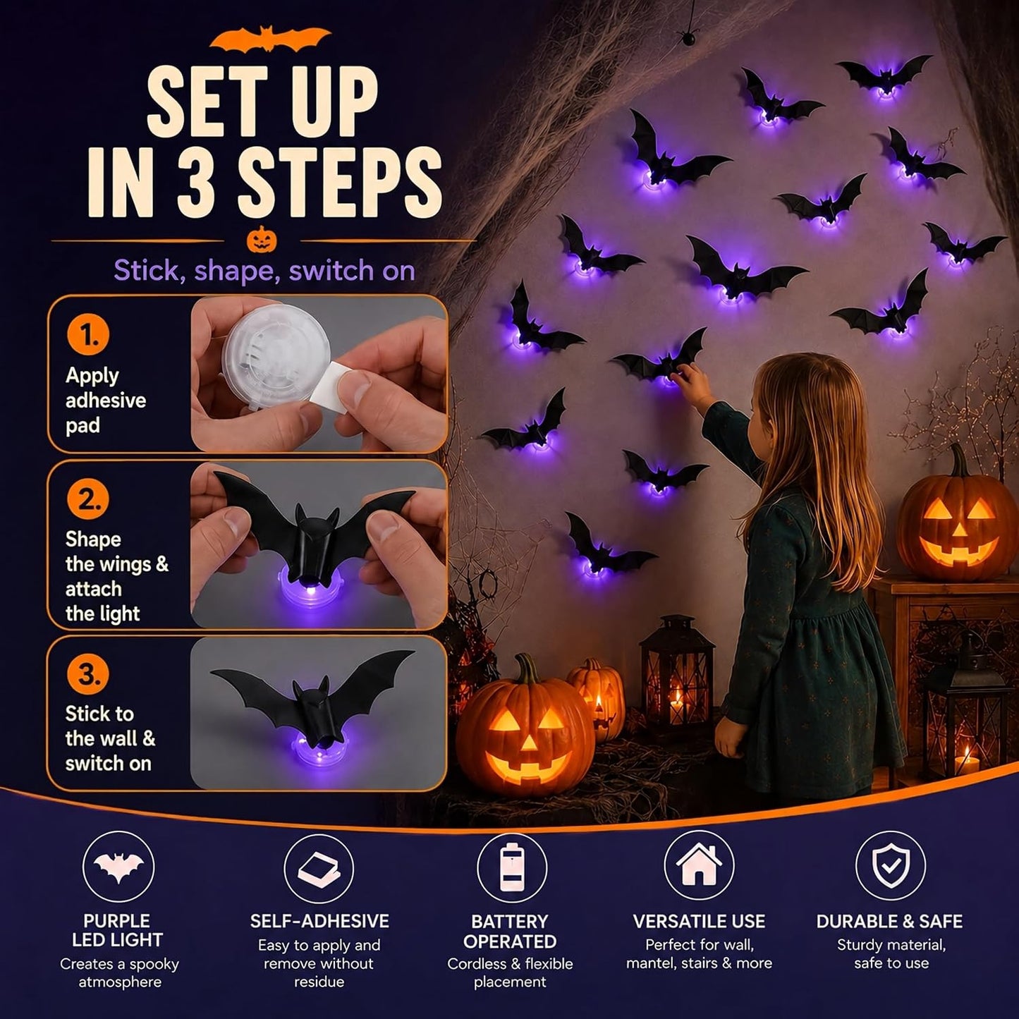 12-Pack Glowing 3D Halloween Bats with Self-Adhesive LED Lights