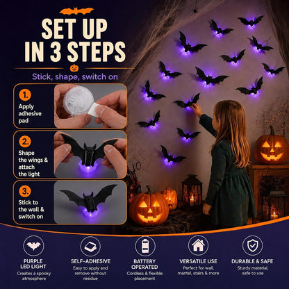 12-Pack Glowing 3D Halloween Bats with Self-Adhesive LED Lights