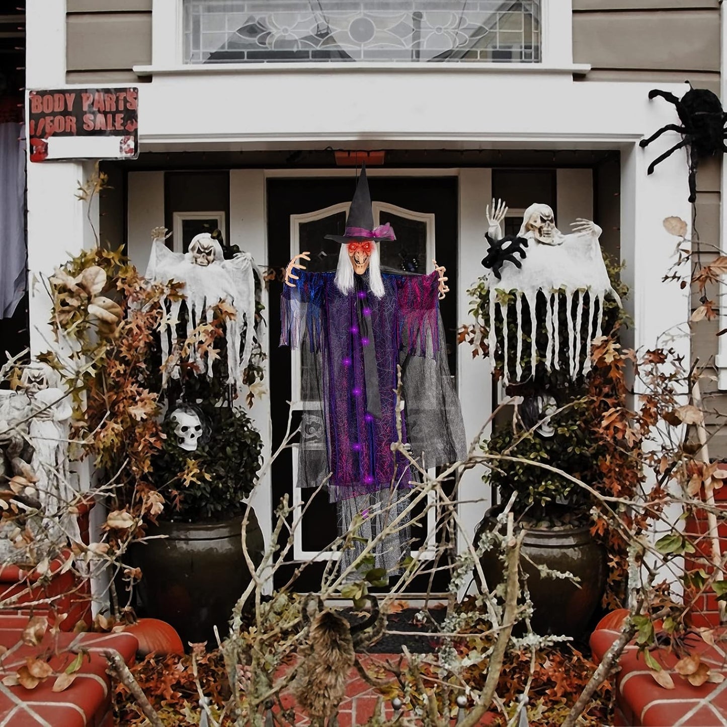 6FT Animated Hanging Witch Halloween Decoration with Glowing Red Eyes, Scary Sound Activation & Adjustable Arms