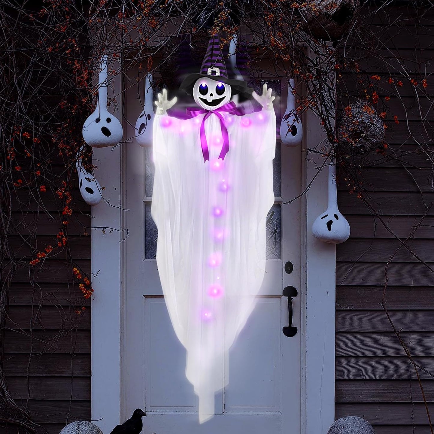 55-Inch Animated Hanging Witch Ghost with Purple LED Lights, Sound Activation & Shaking Arms
