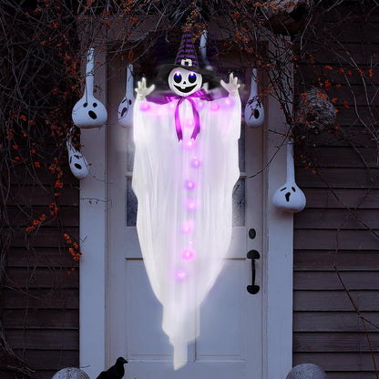 55-Inch Animated Hanging Witch Ghost with Purple LED Lights, Sound Activation & Shaking Arms