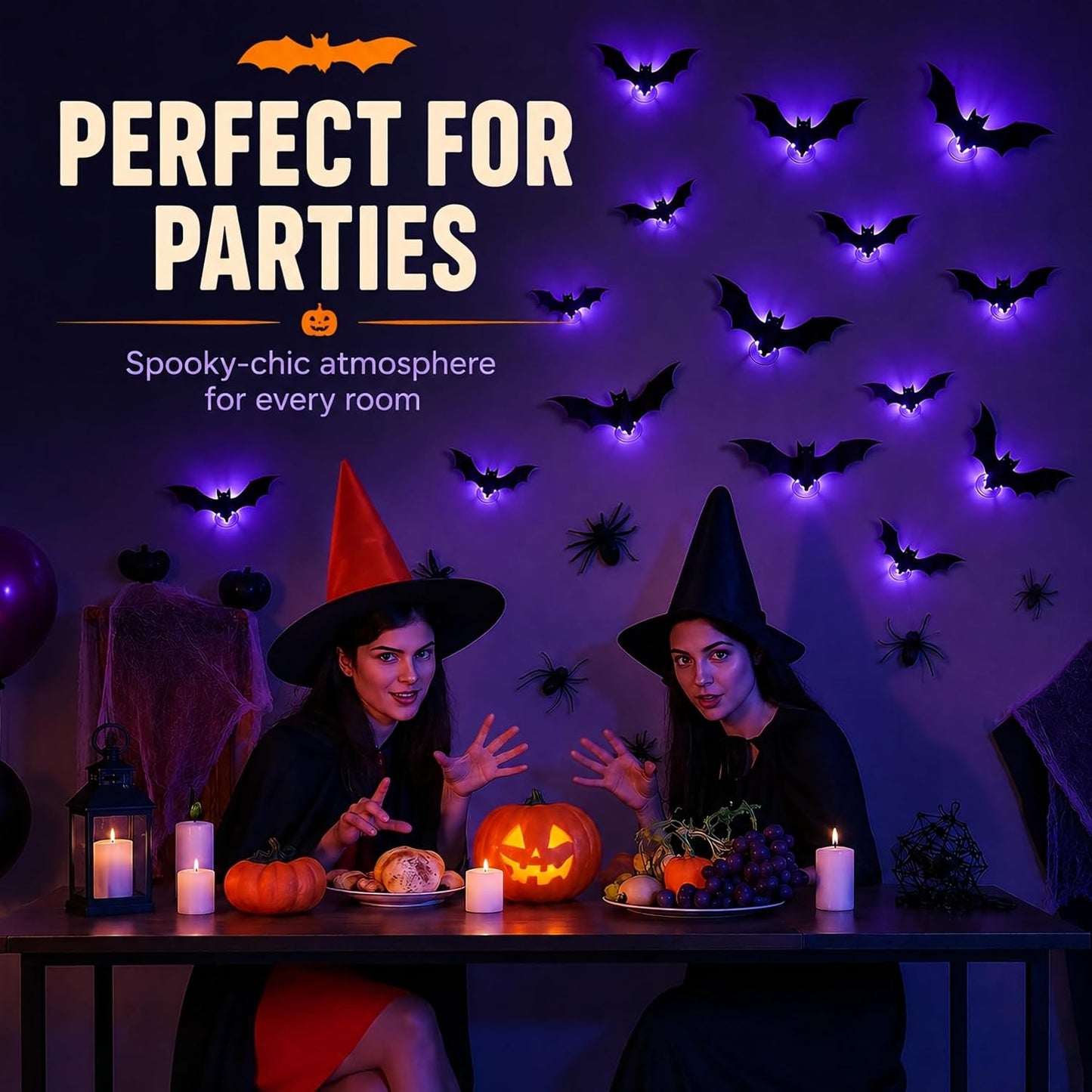 12-Pack Glowing 3D Halloween Bats with Self-Adhesive LED Lights