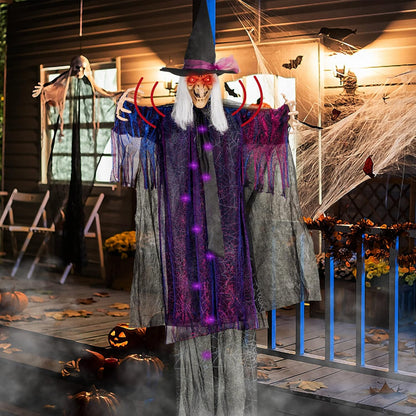 6FT Animated Hanging Witch Halloween Decoration with Glowing Red Eyes, Scary Sound Activation & Adjustable Arms