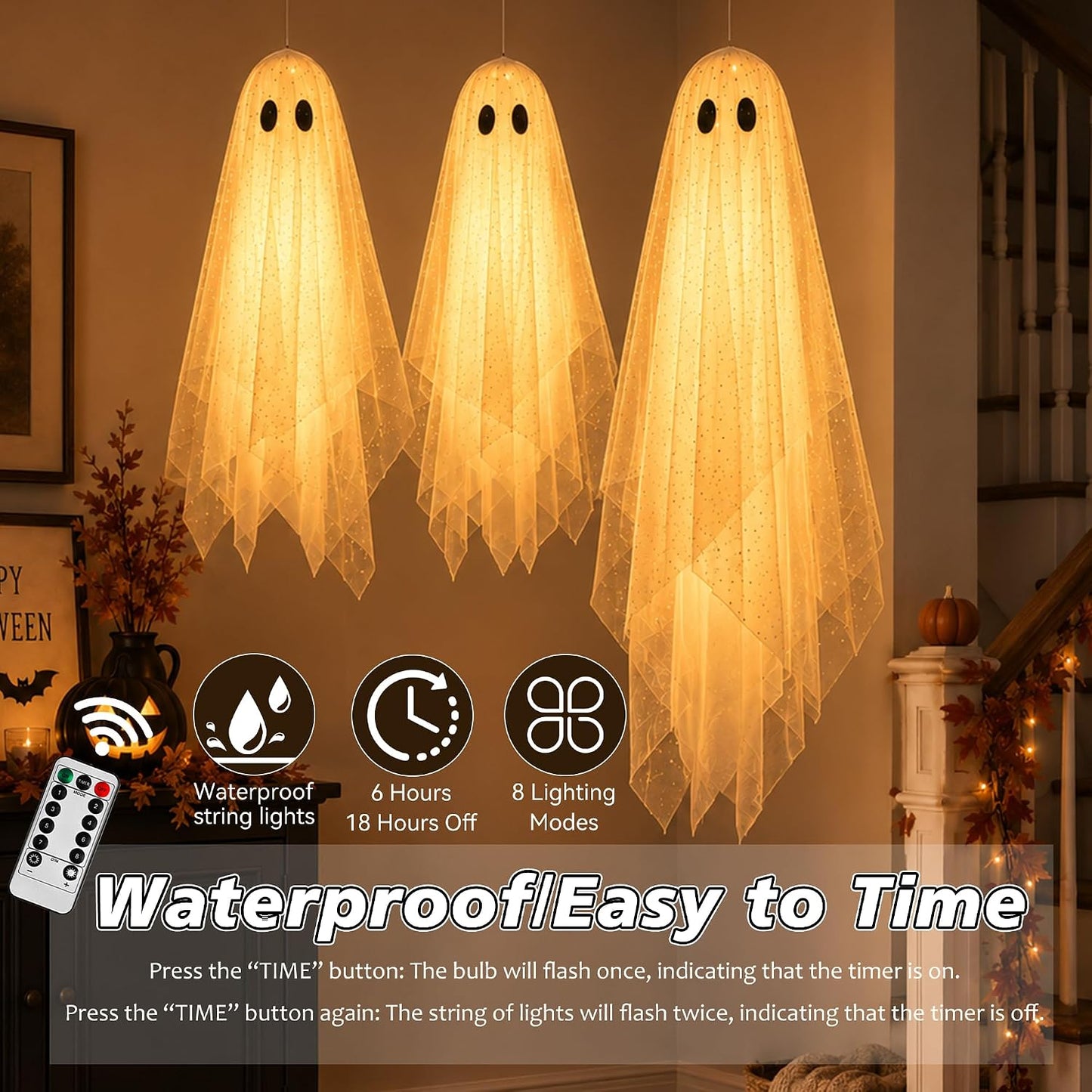 3-Piece Light-Up Hanging Ghosts with Remote & Timer