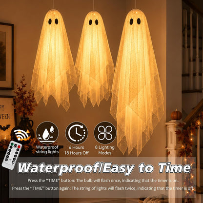 3-Piece Light-Up Hanging Ghosts with Remote & Timer