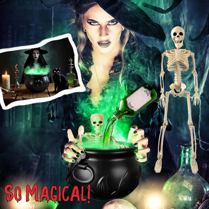 Halloween Smoking Cauldron Decor with Skeleton, Floating Bottle and LED Fog Effect
