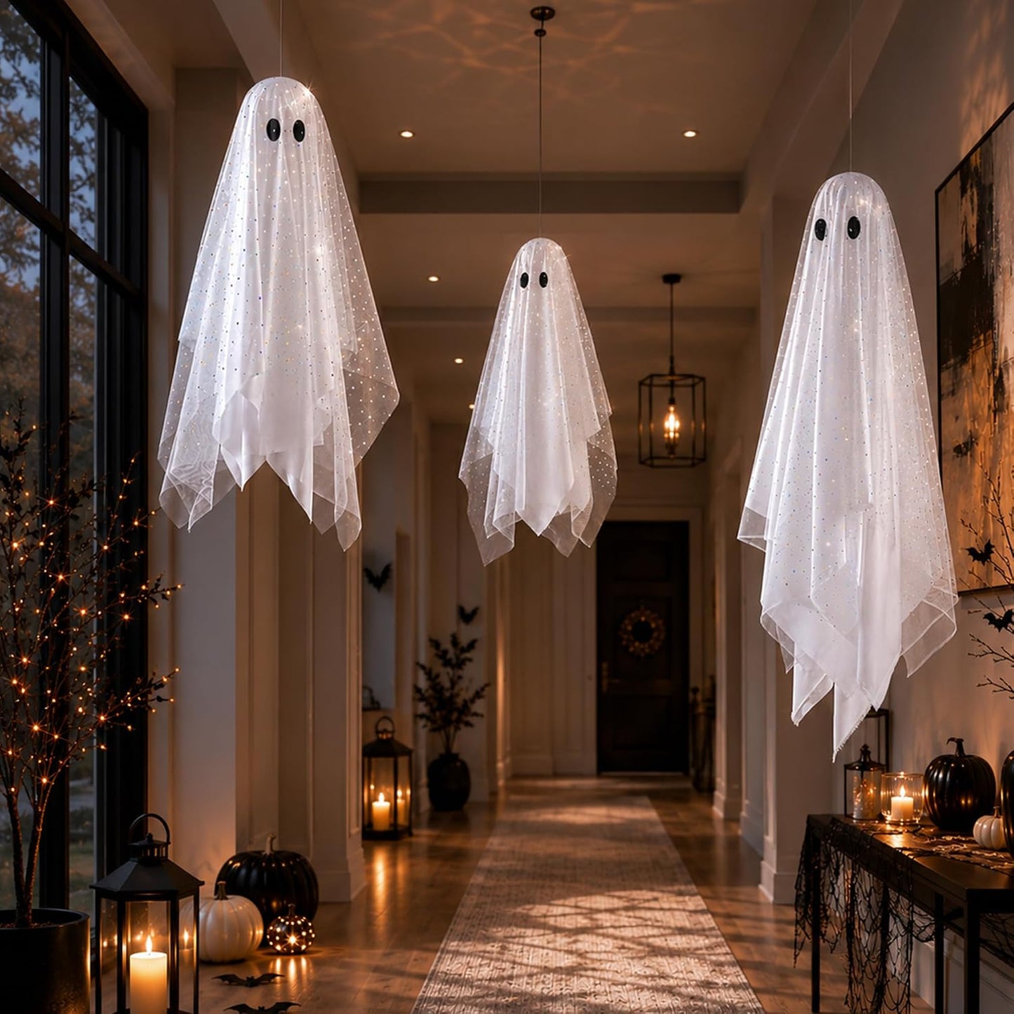 3-Piece Light-Up Hanging Ghosts with Remote & Timer
