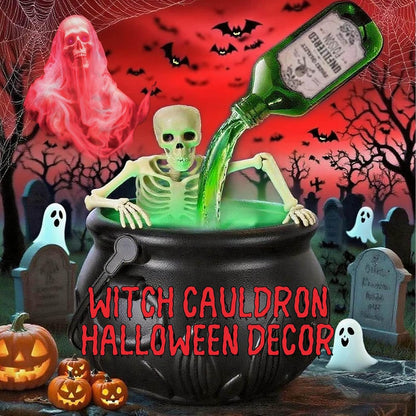 Halloween Smoking Cauldron Decor with Skeleton, Floating Bottle and LED Fog Effect