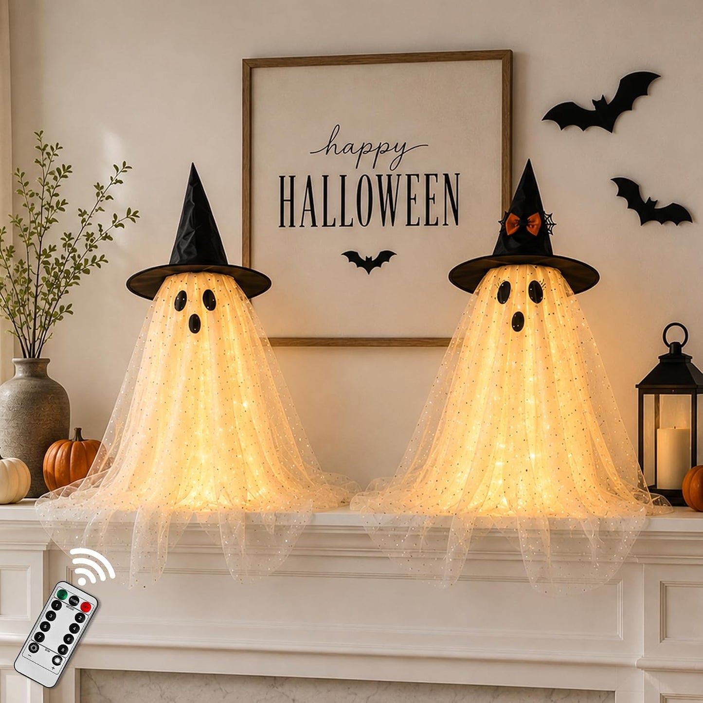 2-Pack 23.6-Inch Lighted Halloween Ghost Decorations with Remote Control