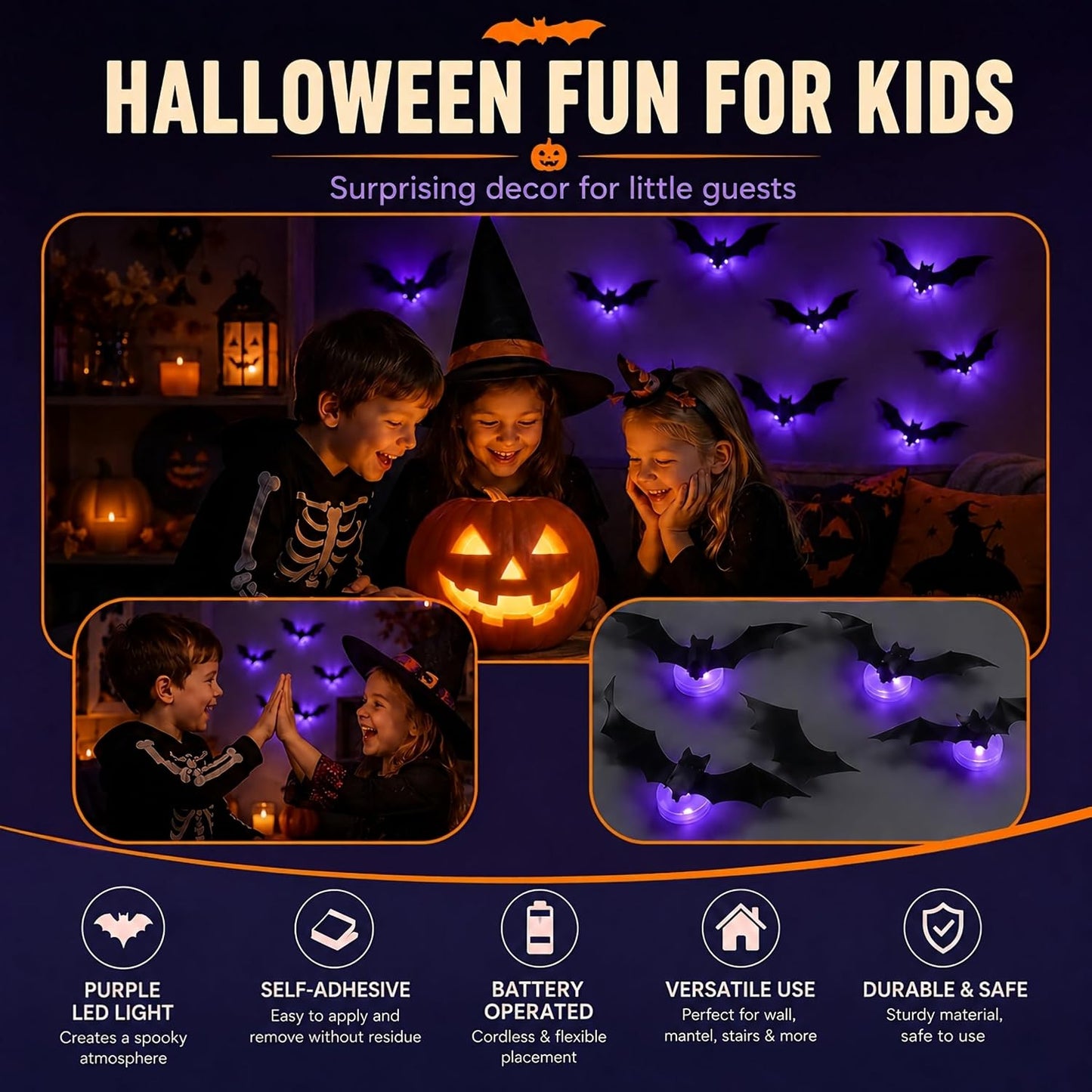 12-Pack Glowing 3D Halloween Bats with Self-Adhesive LED Lights