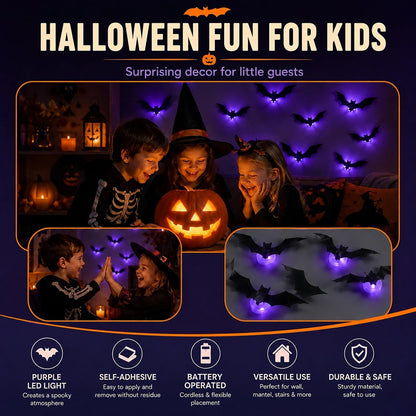 12-Pack Glowing 3D Halloween Bats with Self-Adhesive LED Lights
