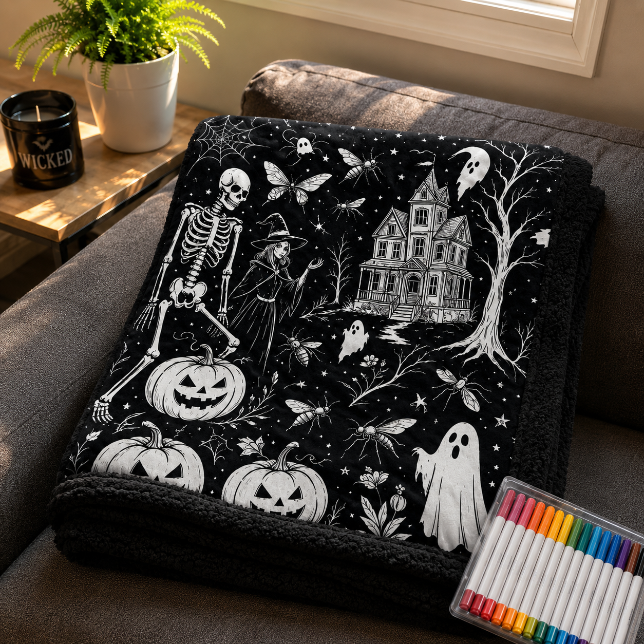 Halloween Coloring Blanket with 24 Washable Markers